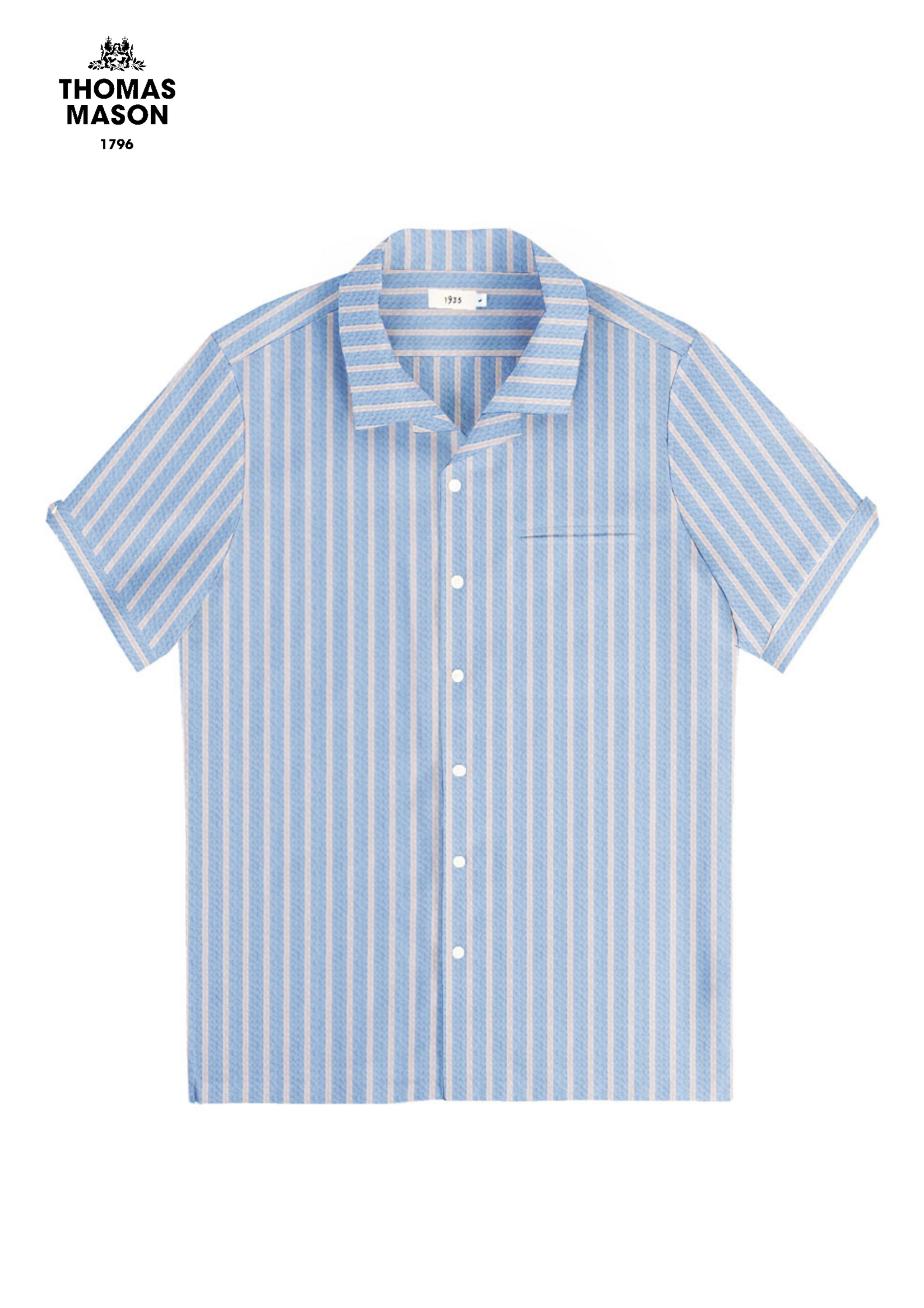 Blue Striped Seersucker Men's Printed Short Sleeve Shirt