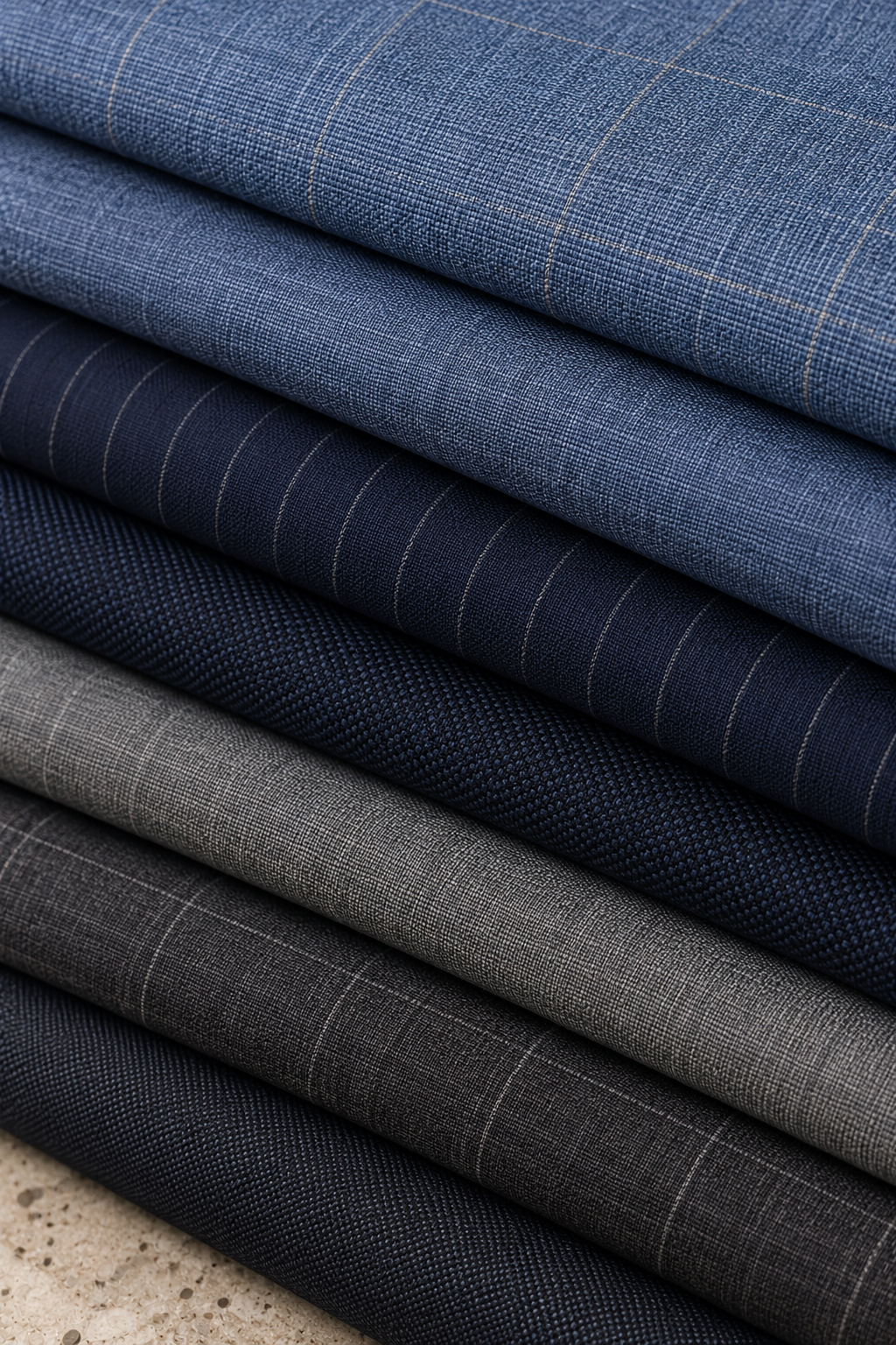 A stack of folded woven fabrics in various colors and patterns, including blue, navy, gray, and charcoal, with visible fine stripes and plaid details.