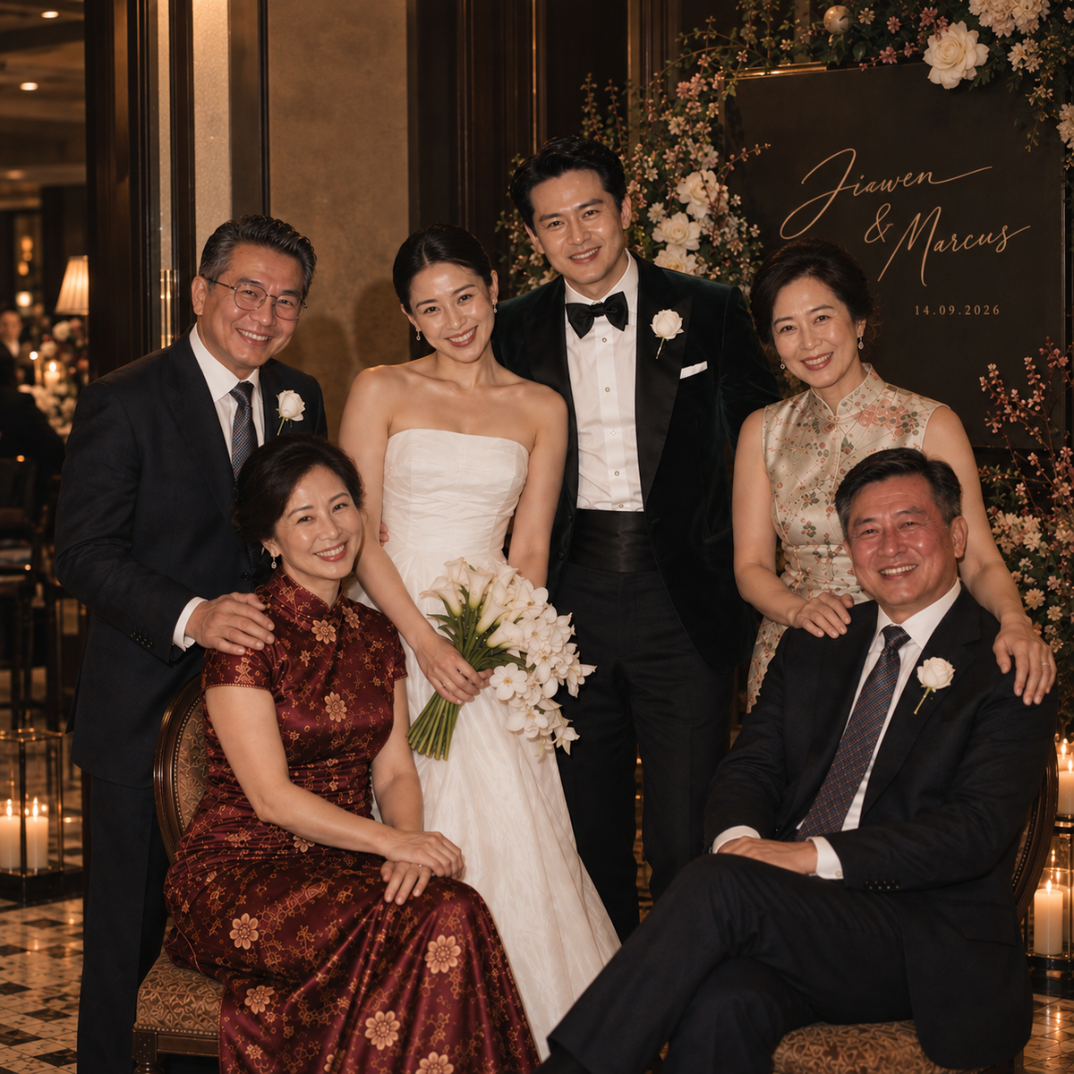A wedding family portrait with six people posed indoors in formal attire. The bride wears a strapless white gown and holds a bouquet of white flowers, while the groom wears a black tuxedo with a bow tie.