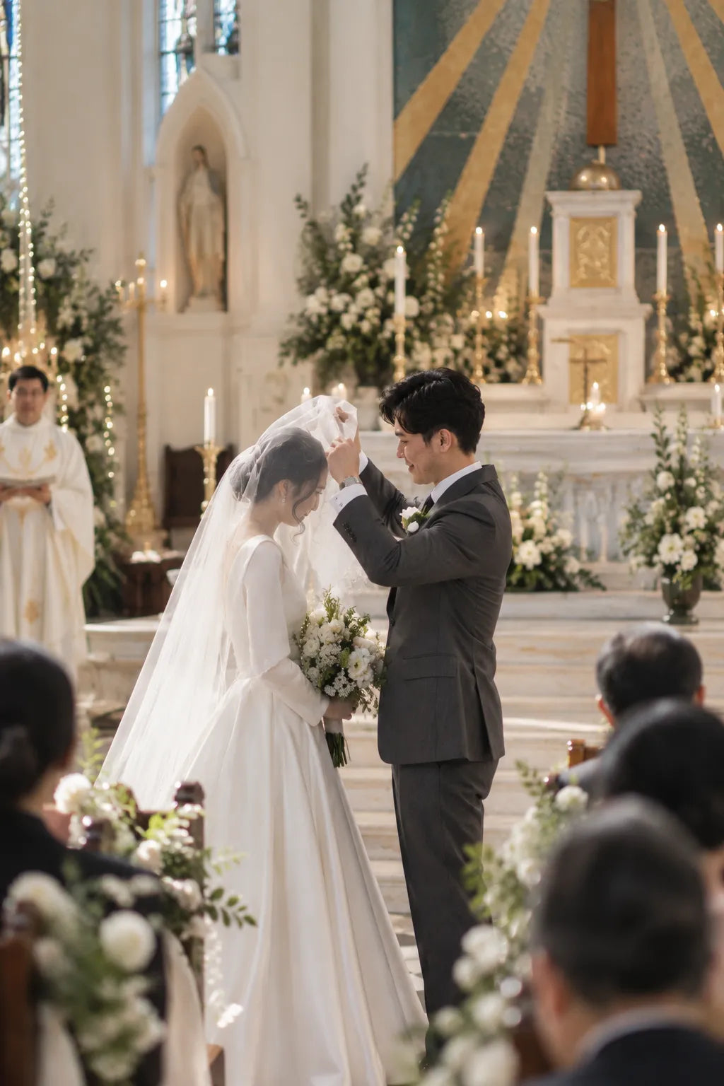 A bride in a white wedding gown and veil and a groom in a dark gray suit exchange vows in a bright, decorated church nave with flowers, candles, and an altar in the background.