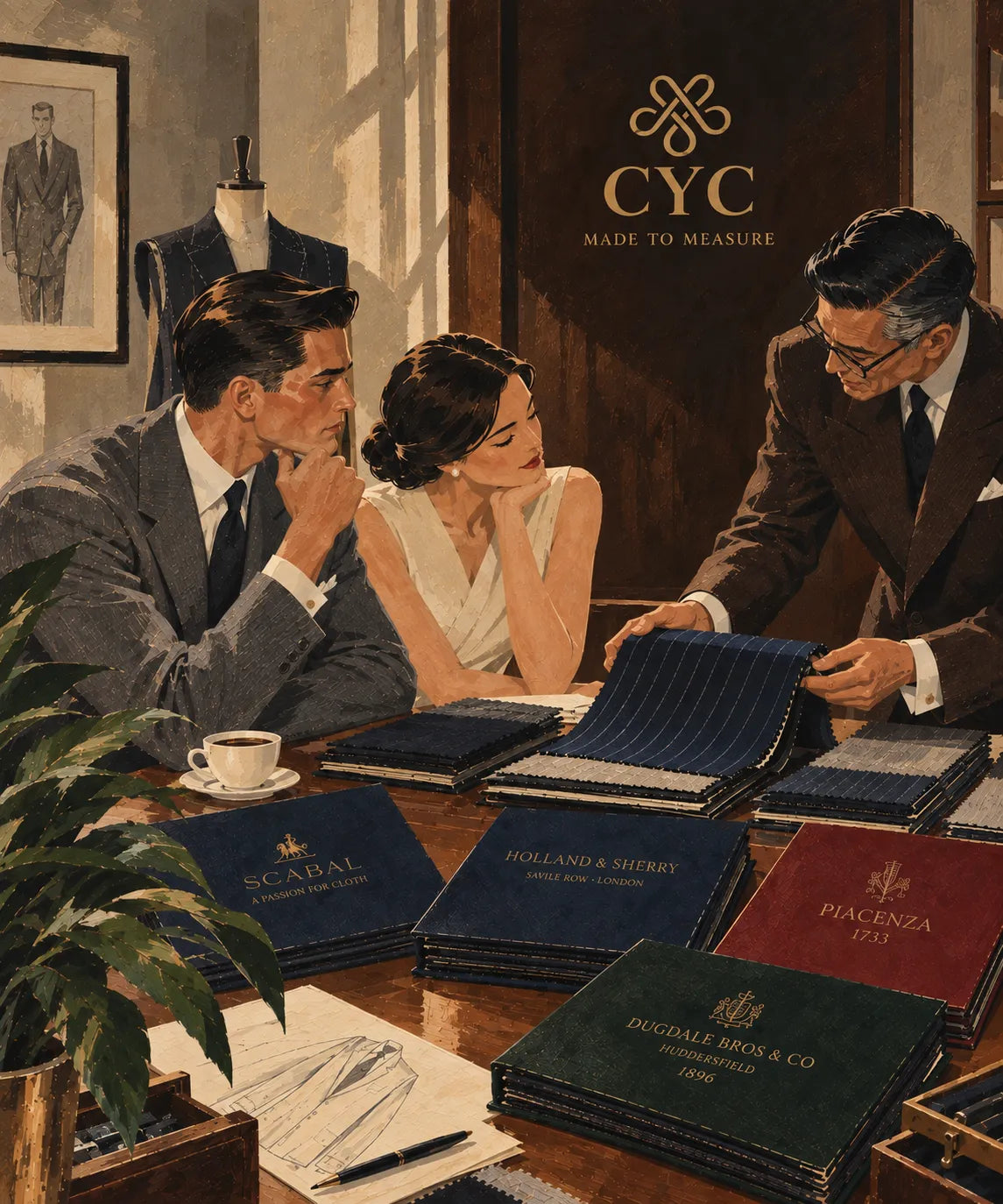 A vintage-style illustration of three people in a tailor's office around a table with fabric sample books. A man at right holds open a blue pinstriped fabric book, while others examine other colored sample volumes.