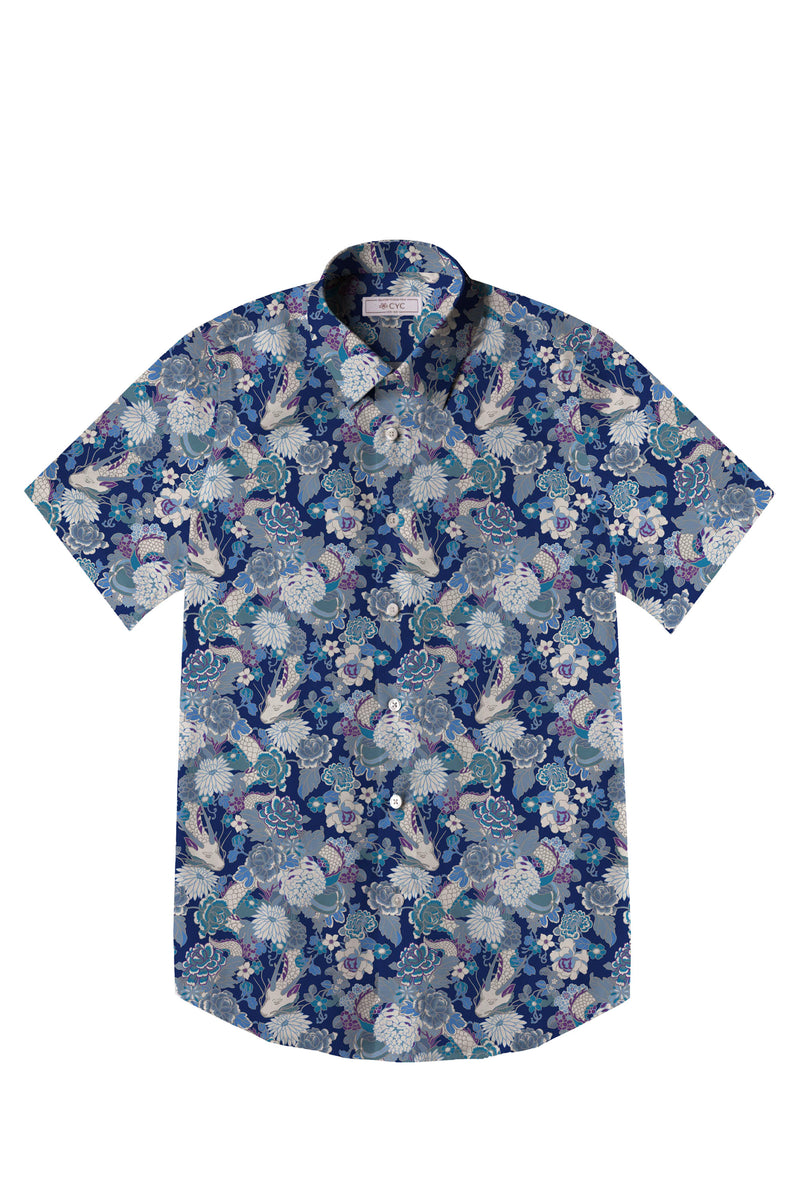 Gilded Garden Blue Dragon Men's Printed Short Sleeve Shirt