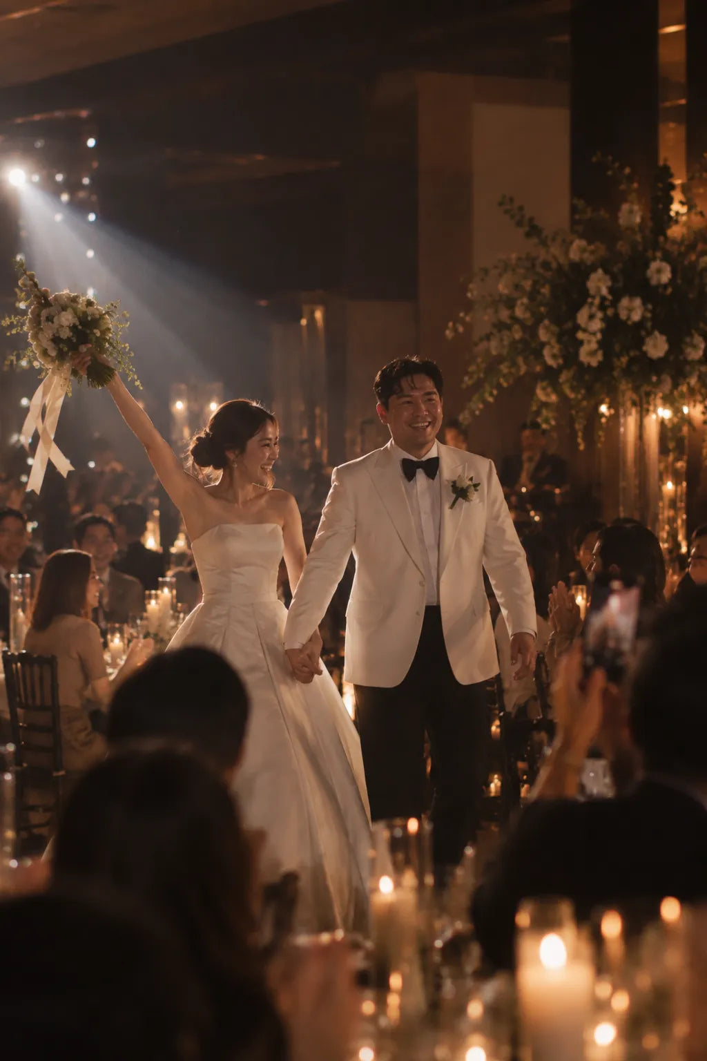 A bride in a strapless white wedding gown and a groom in a white tuxedo with black bow tie walk hand in hand down an aisle at a wedding reception, surrounded by guests and warm candlelight.
