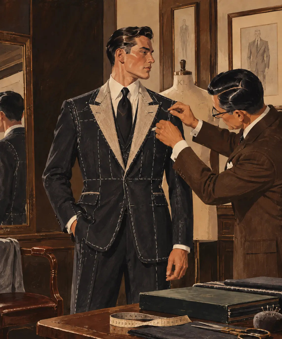 A vintage-style illustration of a tailor fitting a man in a tailored suit, with another tailor adjusting the jacket. The scene is set in a detailed tailoring workshop with a dress form, framed artwork, and sewing tools on a table.