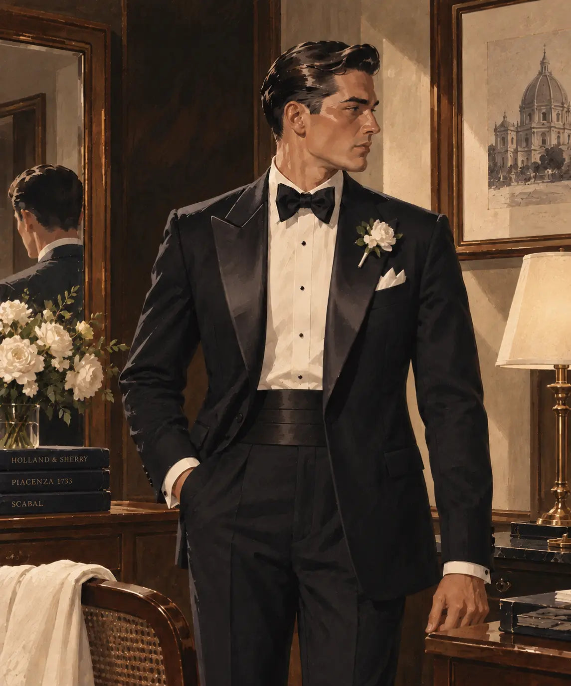 A man wearing a black satin-tufted tuxedo jacket with a white dress shirt, black bow tie, and white boutonniere, standing in a warmly lit vintage room with a mirror, lamp, and framed artwork.