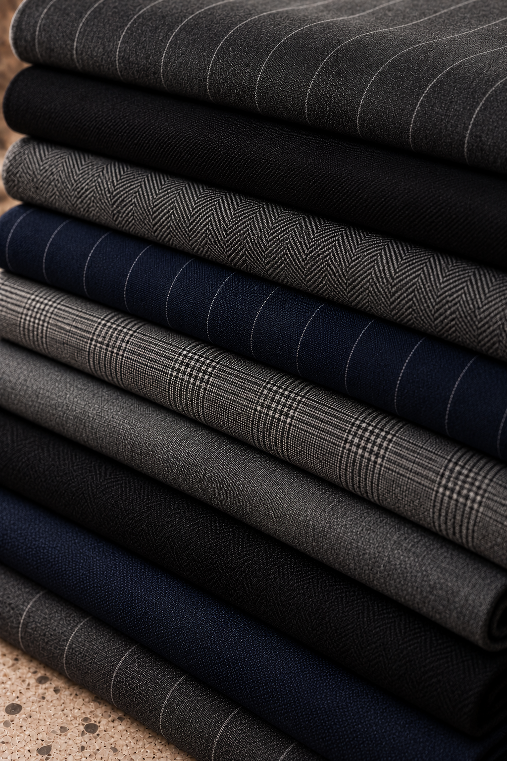 A stacked collection of folded wool fabrics in various patterns and colors, including gray with white stripes, black, navy blue, and gray herringbone and plaid.