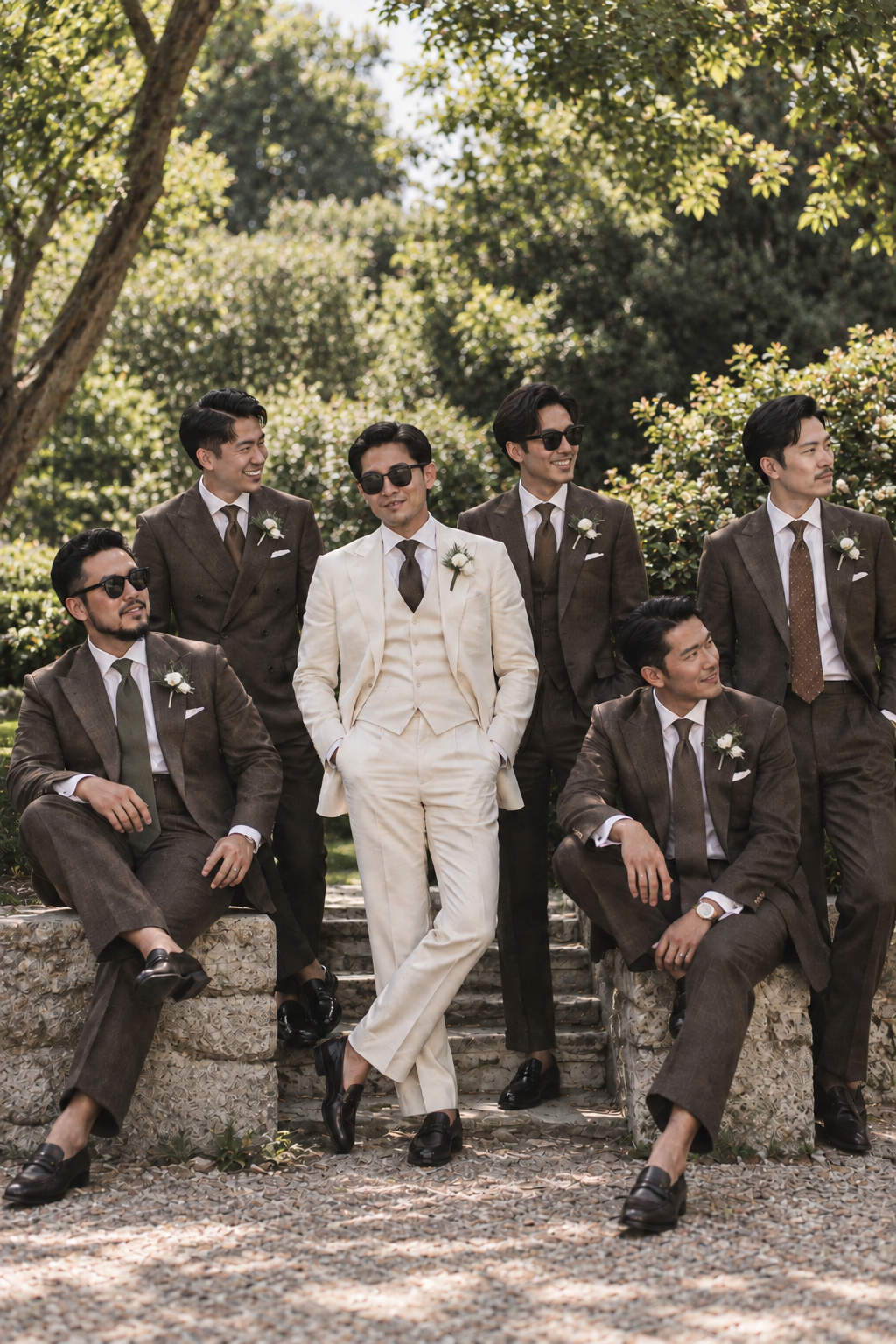 Five men posing outdoors in formal suits, with four men wearing dark brown suits and one man in the center wearing a light cream three-piece suit. They are seated and standing on stone steps with lush green trees in the background.