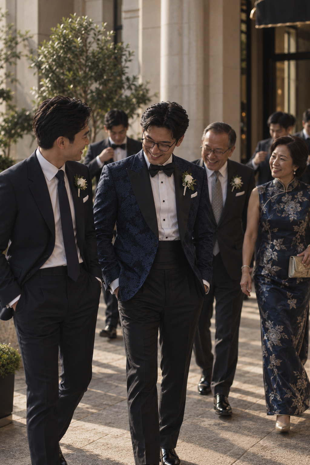 A group of men walking outdoors in formal evening wear. The central figure wears a dark navy textured tuxedo jacket with black trousers, a white dress shirt, and a black bow tie.