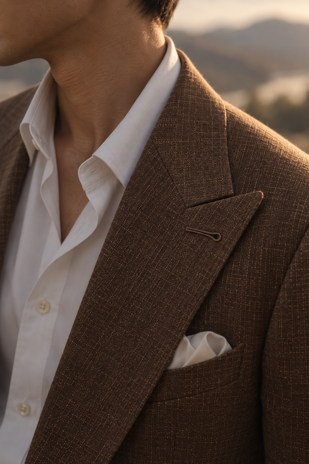 Close-up of a man wearing a brown textured suit jacket over a white dress shirt, with a white pocket square and a small pin on the lapel, set against a softly blurred outdoor background.