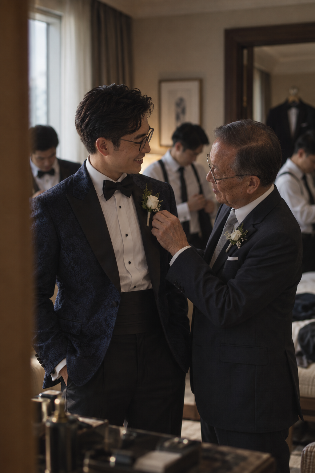 A man in a textured navy blue tuxedo jacket with black satin lapels and a white shirt with a black bow tie receives a white rose boutonniere from an older man in a dark suit. The scene is set in a warmly lit, elegant dressing room with other men in suits visible in the background.