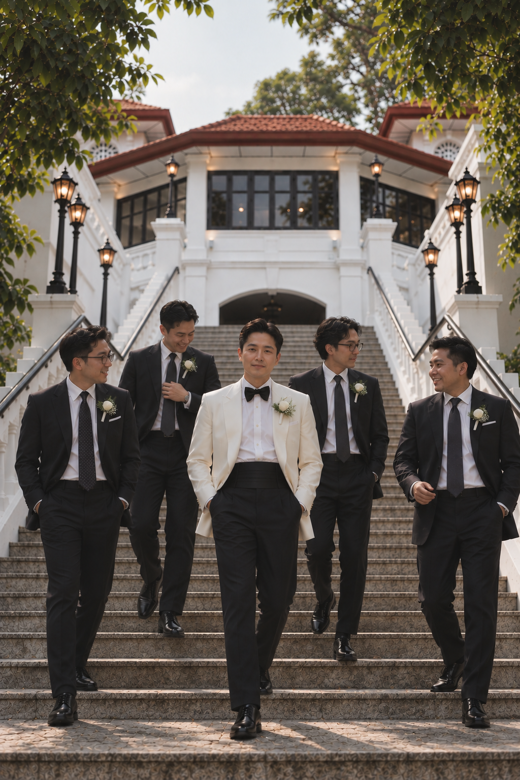 Five men in formal evening wear walk down outdoor stone stairs toward the camera. The central figure wears a white tuxedo jacket with a white shirt and black bow tie, while the four men behind him wear black suits with white shirts and dark ties.