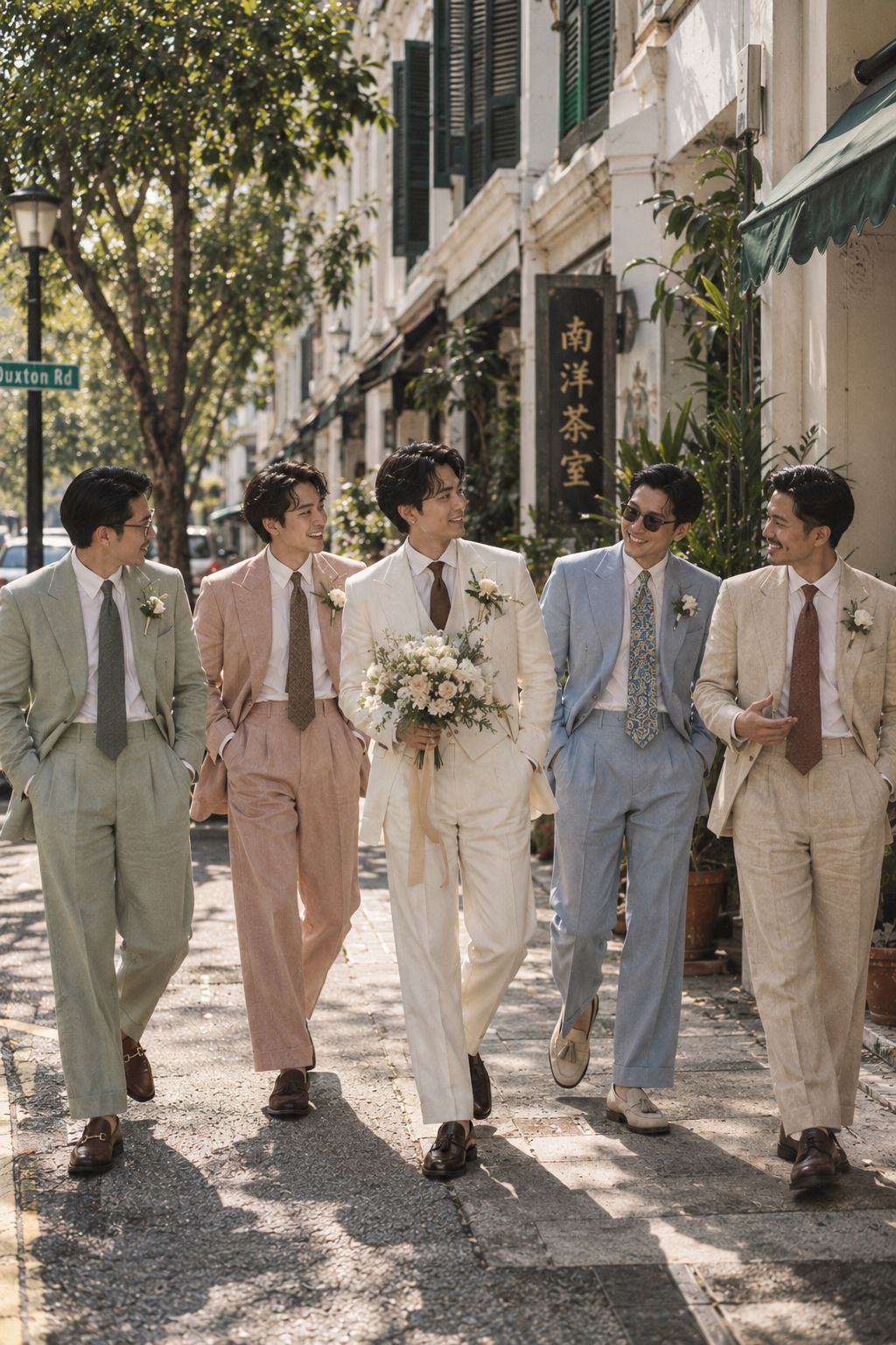 Five men walking down a sunlit street wearing coordinated light-colored suits in sage green, blush pink, cream, light blue, and beige. One man in the center holds a bouquet of white flowers.