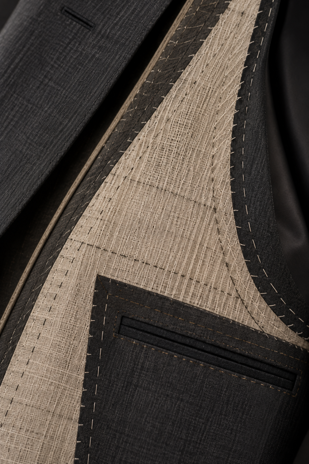 Close-up detail of a tailored garment showing contrasting fabric panels: a dark charcoal exterior, a light beige woven lining, and dark brown stitched paneling.