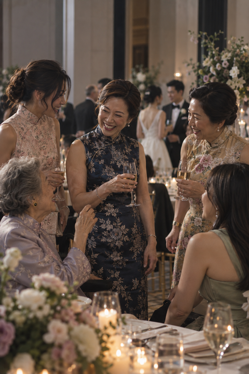 A group of women gathered around a decorated table at a formal event, holding wine glasses and smiling. The central woman wears a dark navy floral cheongsam, while others wear light floral dresses.