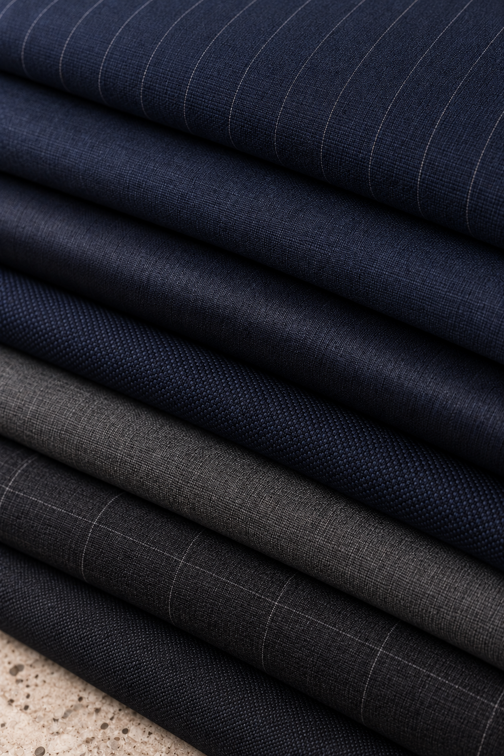 A close-up stack of folded fabric samples in dark navy, charcoal gray, and black, showing woven textures and subtle stripe or windowpane patterns.