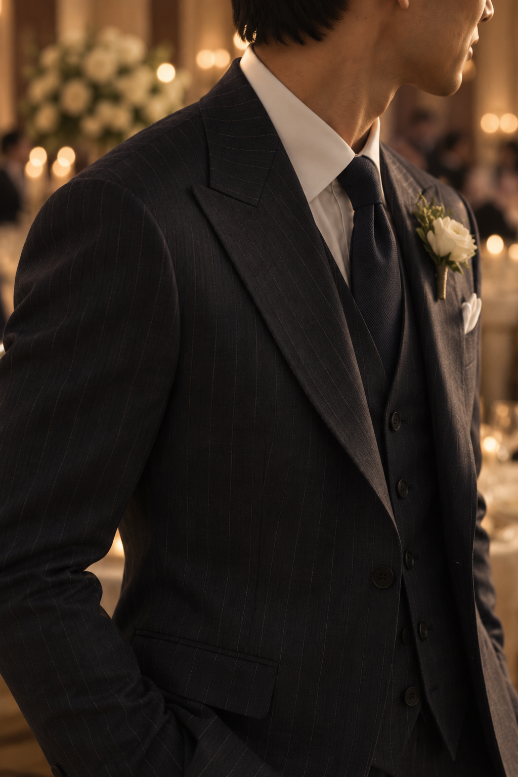 A close-up side view of a man wearing a dark charcoal pinstripe three-piece suit with a white dress shirt, black tie, and a white rose boutonniere, set in a warmly lit event venue.