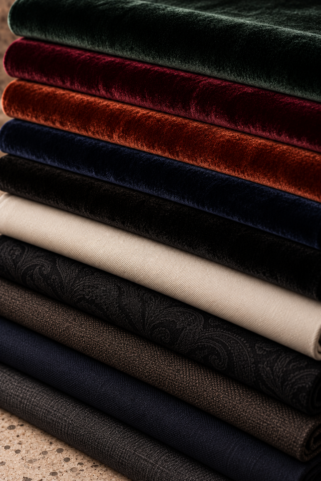A stack of folded velvet fabric swatches in multiple colors, including dark green, burgundy, rust orange, navy, black, cream, and charcoal, arranged diagonally.