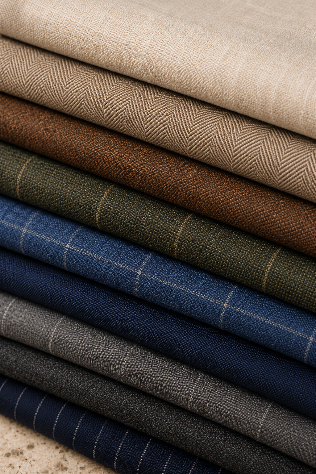 A stacked arrangement of folded fabric swatches in multiple colors and textures, including beige, brown, olive green, blue, gray, and navy, with visible woven patterns and plaid details.