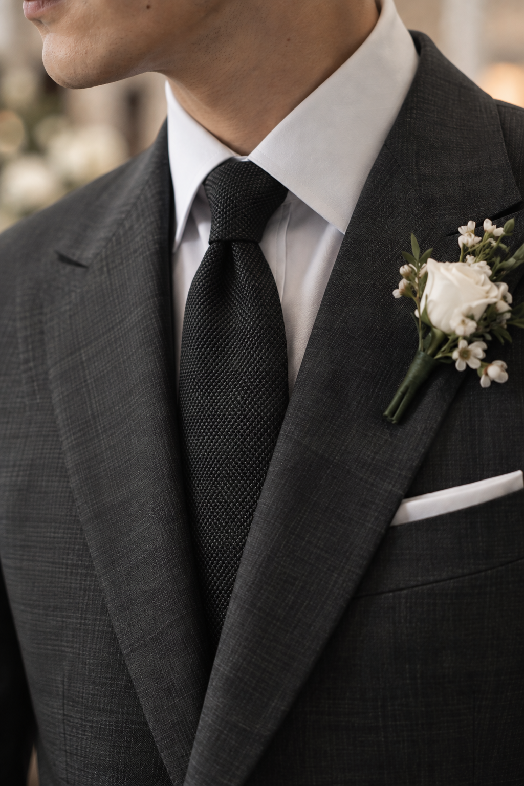 Close-up of a man wearing a dark gray textured suit jacket, white dress shirt, black textured tie, and a white rose boutonniere.