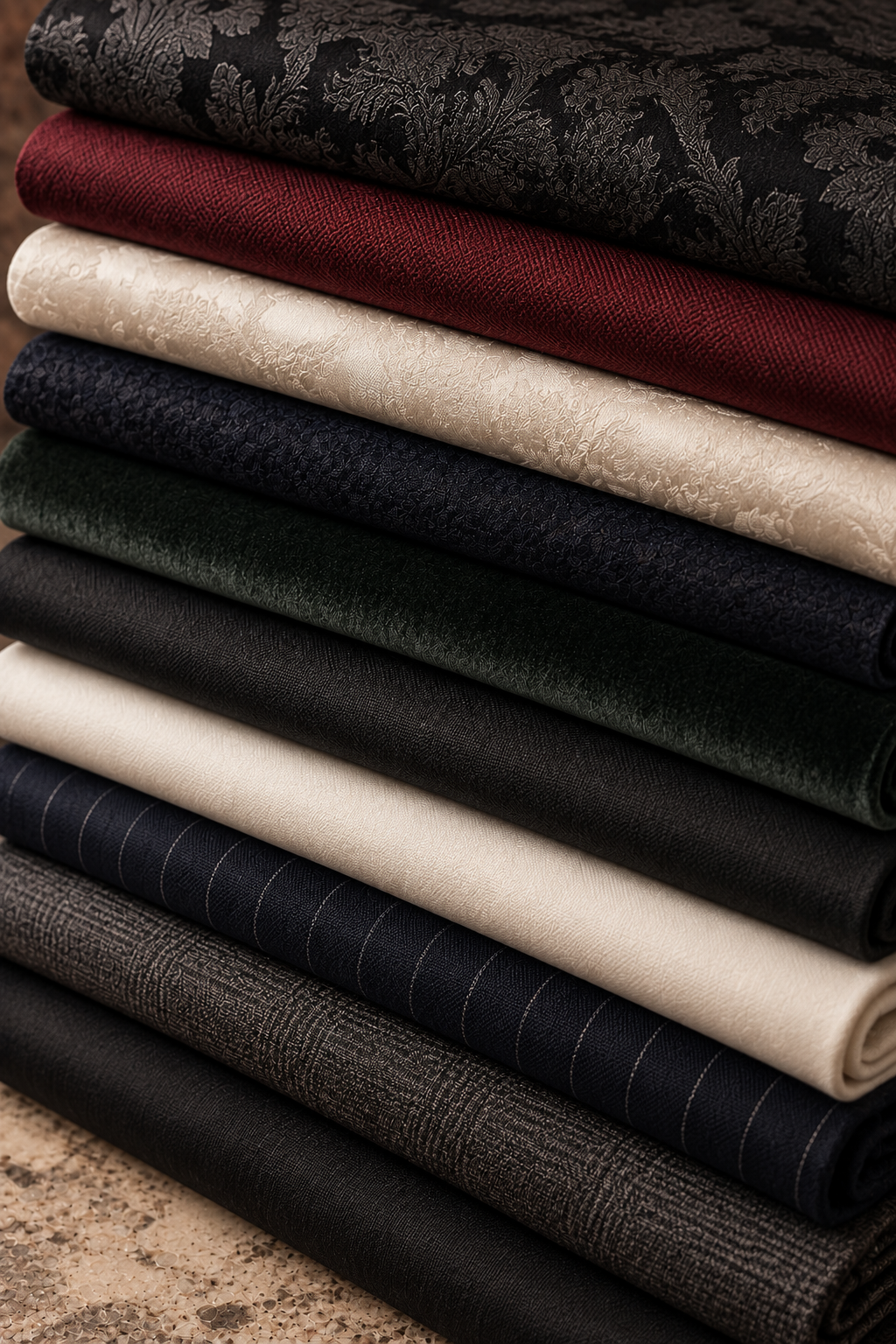 A stacked collection of folded fabric samples in multiple colors and textures, including black damask, burgundy, cream, navy, forest green, charcoal, and gray pinstripe.