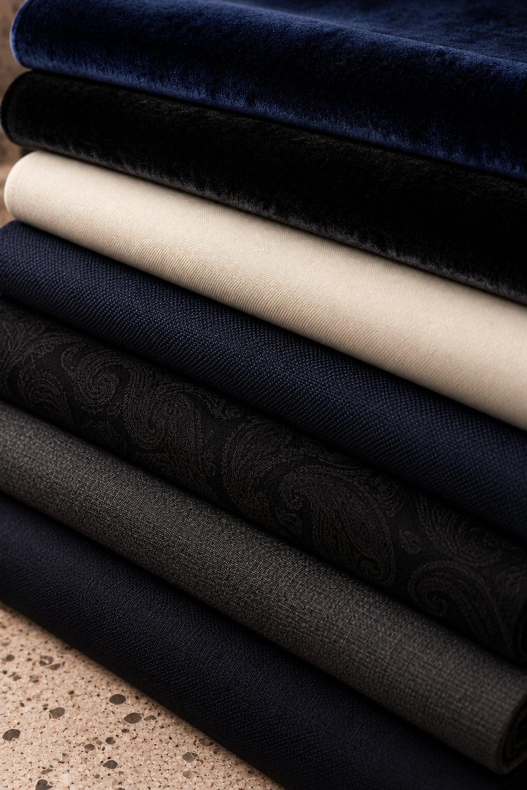 A stack of folded fabric samples in multiple colors and textures, including navy blue velvet, black velvet, cream, dark navy, black paisley, charcoal gray, and navy woven fabric, arranged diagonally on a speckled stone surface.