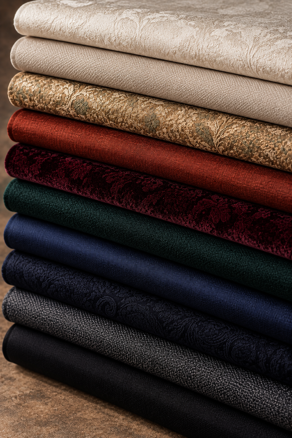 A stacked collection of folded fabric samples in multiple colors and textures, including cream, beige, gold, rust red, burgundy velvet, forest green, navy, charcoal, and black.