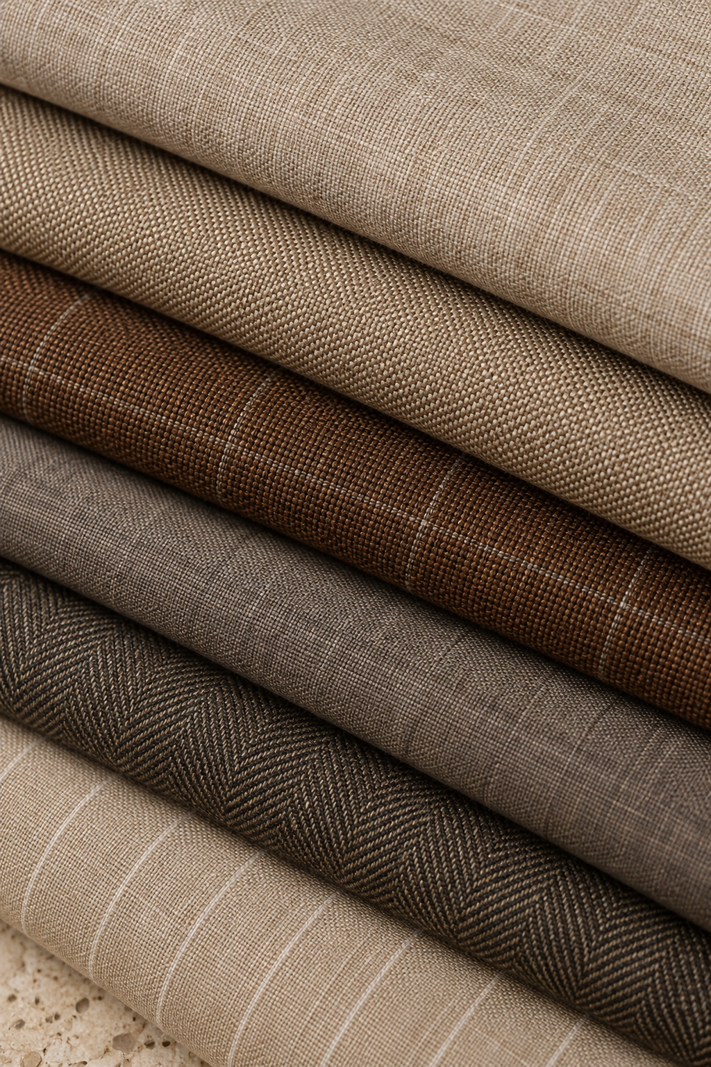 A close-up stack of folded woven fabrics in neutral tones, including beige, taupe, brown, gray, charcoal, and light tan with subtle stripe and herringbone textures.