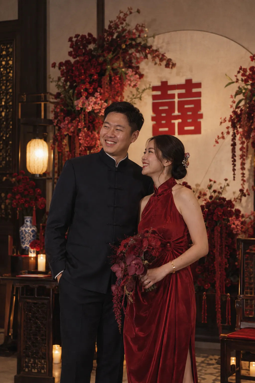 A man and a woman standing together in a decorated indoor setting with red floral arrangements, a large red Chinese double happiness symbol on the wall, and warm ambient lighting. The woman wears a sleeveless deep red dress and holds a matching bouquet.