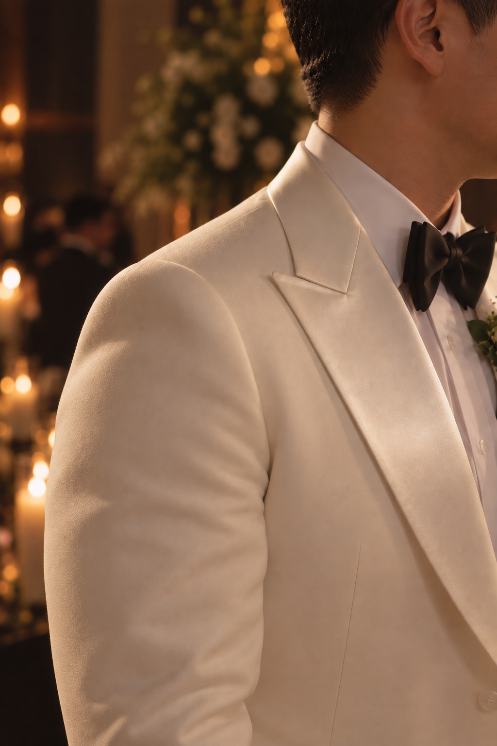A close-up side view of a man wearing a white tuxedo jacket with satin lapels, a white dress shirt, and a black bow tie in a warmly lit event setting.