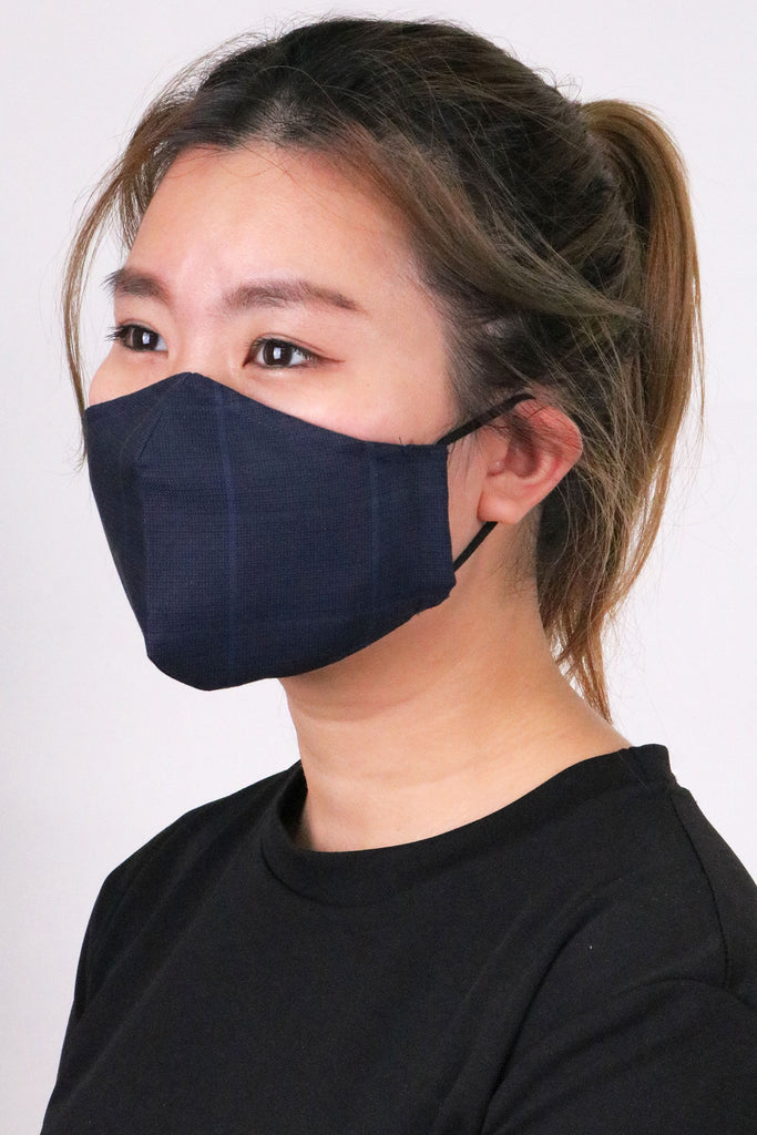 CYC-Reusable-Wool-Mask-Navy-Wide-Checkered-Ladies-Model
