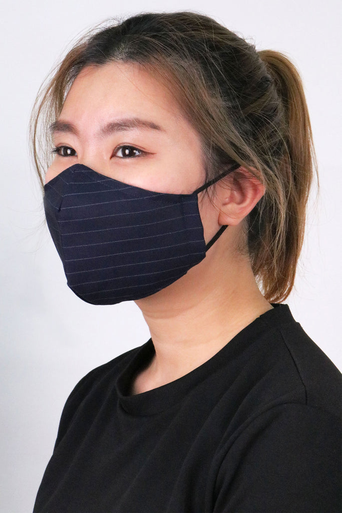 CYC-Reusable-Wool-Mask-White-On-Navy-Striped-Ladies-Model